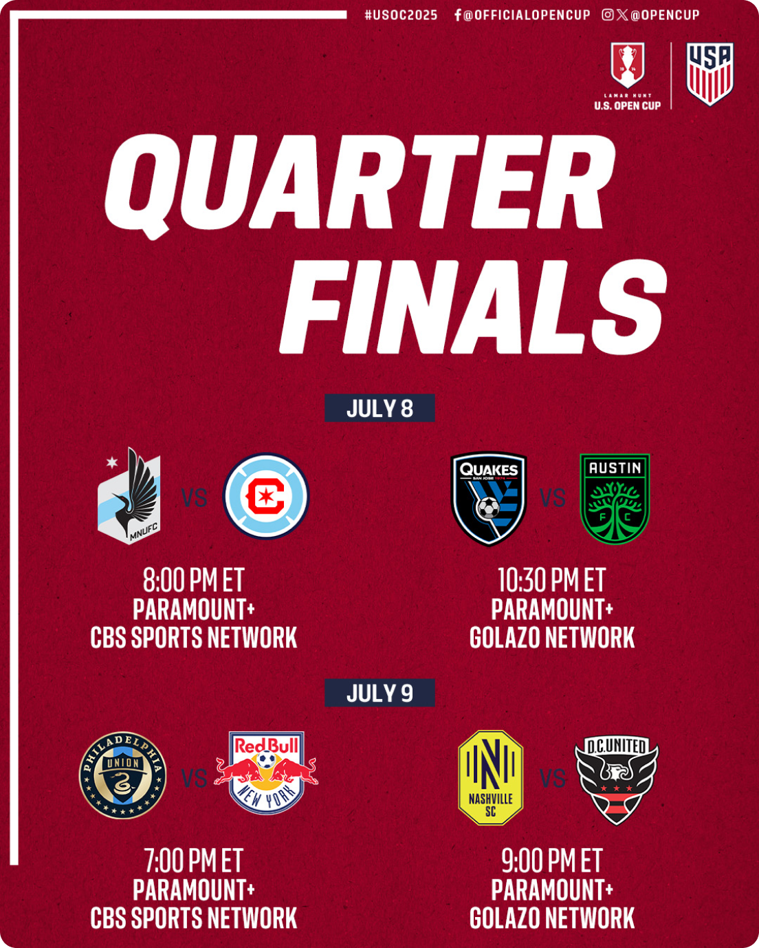 CBS Sports’ coverage of Open Cup Quarterfinals kicks off tonight!